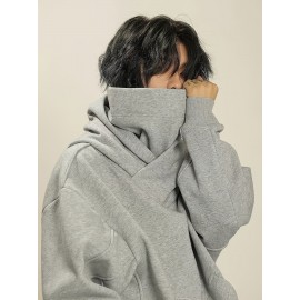 Men's Fleece-Lined Hooded Sweatshirt - High Neck Pullover with Pockets, Loose Fit Casual Winter Warmth, Machine Washable Grey All-Season Top for Daily & Leisure Wear, Sweater Hoodie