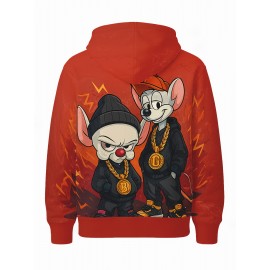 Men's Retro Hip-Hop Hoodie - Red with Cute mice, Drawstring Hood & Front Pocket - Urban Streetwear Sweatshirt for Concerts, Festivals - Machine Washable Gift for Men, Casual Wear, Cartoon Print, Comfortable Fabric, Fashion Enthusiasts