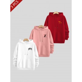 3pcs Men's Casual Fashion Brand Print Hoodie, Long Sleeve Pullover Sweatshirt Set