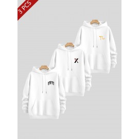 3pcs Men's Casual Fashion Brand Print Hoodie, Long Sleeve Pullover Sweatshirt Set