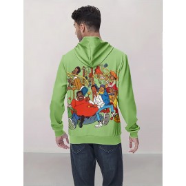 Lime Green Men's 3D Funny Cartoon Graphic Hooded Sweatshirt with Music Band & Retro TV Print, Soft Warm Pullover for Autumn Winter Casual Wear, Machine Washable Digital Hoodie for Themed Parties & Everyday Outfits