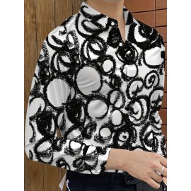 [Elegant Style] Men's Formal Dress Shirt - Sleek White with Modern Black & Gray Abstract Print, Polyester Blend, Non-Stretch, Button-Up with Lapel Collar, Ideal for All Seasons, Formal Attire|Classic Buttonup|Sleek Tailored Fit