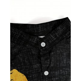 Men's Lightweight Shirt - Black & Mustard-Yellow Geometric Cat Art Print Button-Up - Stand-Up Collar Casual Beach Vacation Outfit - Machine Washable Summer Blouse for Everyday & Formal Events, Beach Clothes, Nontransparent Fabric