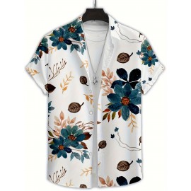 Men'S Floral Print Short Sleeve Shirt - 3D Print Blue, Orange & Brown Flowers & Leaves, Casual Summer Style with Button-Up Collar, Lightweight Polyester Fabric for Casual Attire, Floral Shirt
