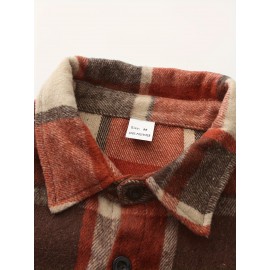 Men'S Casual Plaid Button-Up Shirt - Long Sleeve, Beige & Brown Check Pattern, Loose Fit, Lightweight Polyester Fabric, Perfect for Casual Attire