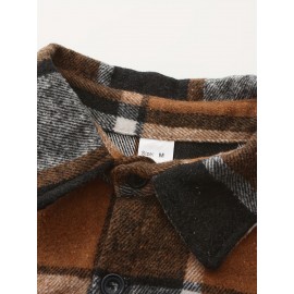 Men'S Casual Plaid Button-Up Shirt - Long Sleeve, Beige & Brown Check Pattern, Loose Fit, Lightweight Polyester Fabric, Perfect for Casual Attire