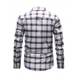 Men's Heavy-Duty Plaid Long Sleeve Dress Shirt - Winter Warmth Collar & Chest Pocket Button, Blue/White/Black/Brown Checkered Pattern, Loose Fit Casual & Formal Button-Up Coat Jacket-like Blazer (Machine Washable)