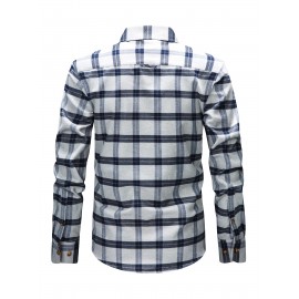 Men's Heavy-Duty Plaid Long Sleeve Dress Shirt - Winter Warmth Collar & Chest Pocket Button, Blue/White/Black/Brown Checkered Pattern, Loose Fit Casual & Formal Button-Up Coat Jacket-like Blazer (Machine Washable)