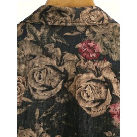 Men's Tropical Floral Print Button-Up Shirt - Short Sleeve, Black Base with Vibrant Red & Pink Roses, Casual Summer Style, Polyester Fabric, Machine Washable