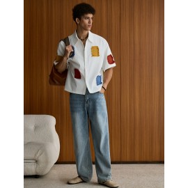 Men'S Summer Casual Color Block Patchwork Short Sleeve Shirt - Loose Fit, Button-Up Collared Blouse with Contrast Colorful Patches, Lightweight Non-Stretch Fabric for Casual Attire, Summer Casual Wear | Buttonup Shirt | Nonstretch Material