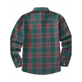 Men'S Casual Red and Green Plaid Long Sleeve Shirt - Polyester, Non-Stretch, Single Breasted, Pocket, Weekend Casual, Regular Fit