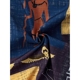 Men'S Vintage Egyptian-Inspired Geometric Art Print Short Sleeve Shirt - Casual Stand Collar, Button-Up, Non-Stretch Fabric, Regular Fit for Summer Outdoor & Casual Attire, All-Season Comfort, Summer Casual Wear | Artistic Print Shirt | Nonstretch F