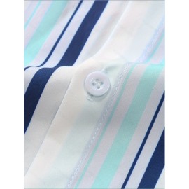 Men's & White Striped Short Sleeve Dress Shirt - Breathable Summer Collar Button-Front Blouse, Mint-Green Tones Vertical Stripes, Casual & Formal Wear (/White/Beige/Navy) - Traditional & Modern Style, Chinese Size, Please Check The Size Guide Carefully