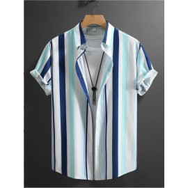Men's & White Striped Short Sleeve Dress Shirt - Breathable Summer Collar Button-Front Blouse, Mint-Green Tones Vertical Stripes, Casual & Formal Wear (/White/Beige/Navy) - Traditional & Modern Style, Chinese Size, Please Check The Size Guide Carefully