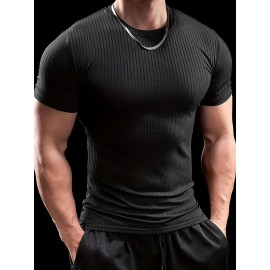 5pcs Men'S Short Sleeve Ribbed Knit T-Shirts - Breathable & Comfortable, Casual Solid Color Crew Neck Tees for Spring/Summer, Lightweight Polyester Blend, Perfect for Casual Attire, Spring Summer Apparel | Casual Style | Comfortable Fit