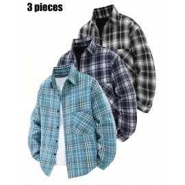 3pcs Men'S Scandinavian Vintage Plaid Shirt Set - Loose Fit, Breathable Rayon, Long Sleeve with Button-Up Design, Perfect for Fall & Spring Casual Wear, Casual Wear Shirts|Vintage Plaid Shirt|Asymmetrical Hemline, Thick