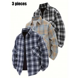 3pcs Men'S Scandinavian Vintage Plaid Shirt Set - Loose Fit, Breathable Rayon, Long Sleeve with Button-Up Design, Perfect for Fall & Spring Casual Wear, Casual Wear Shirts|Vintage Plaid Shirt|Asymmetrical Hemline, Thick