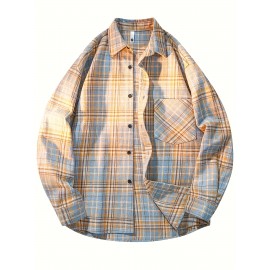 3pcs Men'S Scandinavian Vintage Plaid Shirt Set - Loose Fit, Breathable Rayon, Long Sleeve with Button-Up Design, Perfect for Fall & Spring Casual Wear, Casual Wear Shirts|Vintage Plaid Shirt|Asymmetrical Hemline, Thick