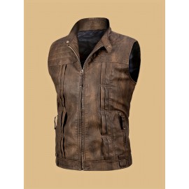 [Vintage Style Vest] Lightweight Vintage-Style Men's Vest | Zipper, Stand Collar, Chest Pockets | Casual Streetwear Outerwear for All Seasons