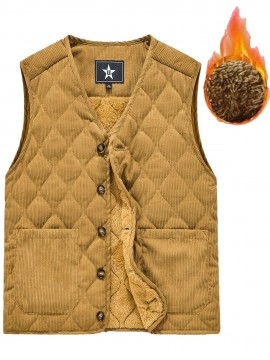 [Winter Warmth Vest] Navy Blue Quilted Corduroy Men's Winter Warmth Vest | Fleece Lining, Pockets, Button Closure | Perfect for Fall and Winter Comfort