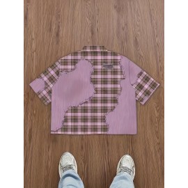 Men'S Casual Plaid Patchwork Short - Brown & White Checkered Pattern, Loose Fit Streetwear Style, Non-Stretch Fabric, Perfect for Camping & Casual Attire, Camping Apparel | Checkered Pattern Shirt | Nonstretch Fabric, Compression Shirt for Men, Gym