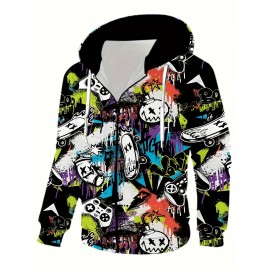 [1pc Men'S Novelty Hooded Jacket] 1pc Men'S Novelty Hooded Jacket, Casual Geometric Pattern Knit Polyester Fiber, Regular Fit Spring/Autumn Outerwear with Zip Closure