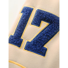Men's Baseball Jacket with Athletic Dept. Embroidered Logo & Number 17 - Royal Blue & Beige Contrast Design, Baseball Collar, Machine Washable Casual Streetwear Jacket for Casual Attire