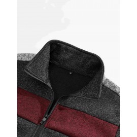 [Men's Color-Block Jacket] Color-Block Men's Knit Zip-Up Jacket | Regular Fit, Contrast Collar, Striped Design, Full-Zip Front, Ribbed Cuffs, Durable Fabric, Everyday Comfort Wear, Casual Outerwear