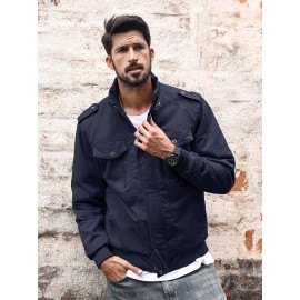 Men's Winter Fleece-Lined Cargo Jacket - Windproof Stand Collar Zipper Jacket with Ribbed Cuffs, Multi-Pockets & Soft Shell for Fall Winter Daily Wear, Outdoor Hiking Camping