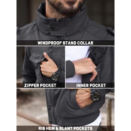 Men's Winter Fleece-Lined Cargo Jacket - Windproof Stand Collar Zipper Jacket with Ribbed Cuffs, Multi-Pockets & Soft Shell for Fall Winter Daily Wear, Outdoor Hiking Camping