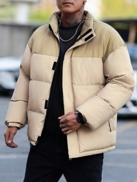 [Men's Winter Jacket] Polyester-Filled Men's Winter Jacket - Black & Casual Outdoor Warm Coat with Stand Collar, Regular Fit for Cold Weather, No Stretch Fabric