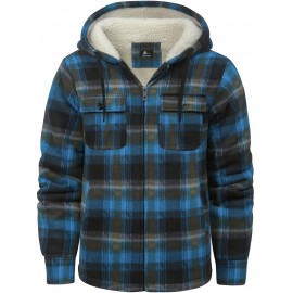 Men's Sherpa-Lined Full-Zip Hooded Jacket - Plaid Flannel Winter Coat with Turquoise/Black/White/Gray Plaid, Machine Washable, Full-Zip Front & Pockets - Casual Outdoor & Everyday Cold Weather Outerwear (Regular Fit)