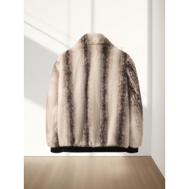 Men'S Winter Faux Fur Coat - Warm Color-Block Lapel Collar Jacket with Zipper Closure, Black & Beige Contrast Design, Regular Fit for Casual & Formal Wear, Polyester Lining, Stylish Streetwear, Faux Fur Coat