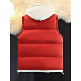 Men'S Hooded Vest - Thickened Warm Sleeveless Jacket with Zipper Closure, Red & Color Block Design, Polyester Lining, Casual Style for Cold Weather, Unisex Couple'S Outerwear, Multiple Colors Available, Winter Vest, Cold Weather Apparel