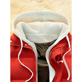 Men'S Hooded Vest - Thickened Warm Sleeveless Jacket with Zipper Closure, Red & Color Block Design, Polyester Lining, Casual Style for Cold Weather, Unisex Couple'S Outerwear, Multiple Colors Available, Winter Vest, Cold Weather Apparel