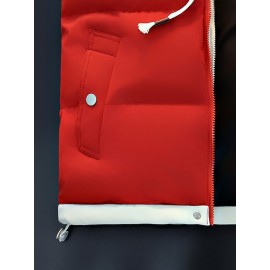 Men'S Hooded Vest - Thickened Warm Sleeveless Jacket with Zipper Closure, Red & Color Block Design, Polyester Lining, Casual Style for Cold Weather, Unisex Couple'S Outerwear, Multiple Colors Available, Winter Vest, Cold Weather Apparel