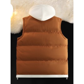 Men'S Hooded Vest - Thickened Warm Sleeveless Jacket with Zipper Closure, Red & Color Block Design, Polyester Lining, Casual Style for Cold Weather, Unisex Couple'S Outerwear, Multiple Colors Available, Winter Vest, Cold Weather Apparel