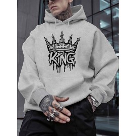 Men'S Casual King Crown Print Hoodie, 100% Polyester Long Sleeve Sweatshirt, Winter Knit Fabric with Slight Stretch, Regular Fit Hooded Top, 200g/m² - Trendy American Style Clothing Gift