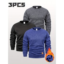 3pcs Men'S Crew Neck Sweatshirts with Fleece Lining - Vintage Style, Thick Knit Pullover Sweatshirts in Black, Navy Blue, and Maroon - Casual & Sporty for Spring, Fall, and Winter - Perfect for Outdoor Activities, Fitness, and Travel