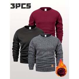 3pcs Men'S Crew Neck Sweatshirts with Fleece Lining - Vintage Style, Thick Knit Pullover Sweatshirts in Black, Navy Blue, and Maroon - Casual & Sporty for Spring, Fall, and Winter - Perfect for Outdoor Activities, Fitness, and Travel