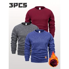 3pcs Men'S Crew Neck Sweatshirts with Fleece Lining - Vintage Style, Thick Knit Pullover Sweatshirts in Black, Navy Blue, and Maroon - Casual & Sporty for Spring, Fall, and Winter - Perfect for Outdoor Activities, Fitness, and Travel