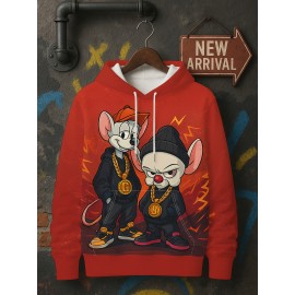 Men's Retro Hip-Hop Hoodie - Red with Cute mice, Drawstring Hood & Front Pocket - Urban Streetwear Sweatshirt for Concerts, Festivals - Machine Washable Gift for Men, Casual Wear, Cartoon Print, Comfortable Fabric, Fashion Enthusiasts