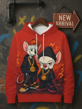 Men's Retro Hip-Hop Hoodie - Red with Cute mice, Drawstring Hood & Front Pocket - Urban Streetwear Sweatshirt for Concerts, Festivals - Machine Washable Gift for Men, Casual Wear, Cartoon Print, Comfortable Fabric, Fashion Enthusiasts