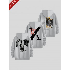 3pcs Men's Casual Fashion Brand Print Hoodie, Long Sleeve Pullover Sweatshirt Set