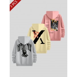 3pcs Men's Casual Fashion Brand Print Hoodie, Long Sleeve Pullover Sweatshirt Set