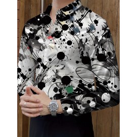 [Elegant Style] Men's Formal Dress Shirt - Sleek White with Modern Black & Gray Abstract Print, Polyester Blend, Non-Stretch, Button-Up with Lapel Collar, Ideal for All Seasons, Formal Attire|Classic Buttonup|Sleek Tailored Fit