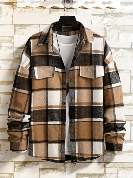 Men'S Casual Plaid Button-Up Shirt - Long Sleeve, Beige & Brown Check Pattern, Loose Fit, Lightweight Polyester Fabric, Perfect for Casual Attire