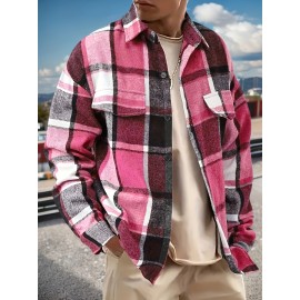 Men'S Casual Plaid Button-Up Shirt - Long Sleeve, Beige & Brown Check Pattern, Loose Fit, Lightweight Polyester Fabric, Perfect for Casual Attire