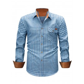 Men's Heavy-Duty Plaid Long Sleeve Dress Shirt - Winter Warmth Collar & Chest Pocket Button, Blue/White/Black/Brown Checkered Pattern, Loose Fit Casual & Formal Button-Up Coat Jacket-like Blazer (Machine Washable)