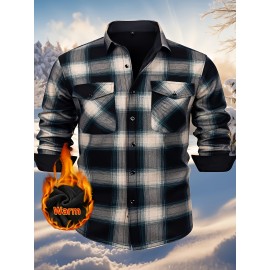 Autumn and Winter Thickened Fleece-Lined Men's Classic Outdoor Casual Home Office Wrinkle-Resistant Plaid Shirt with Multiple Pockets